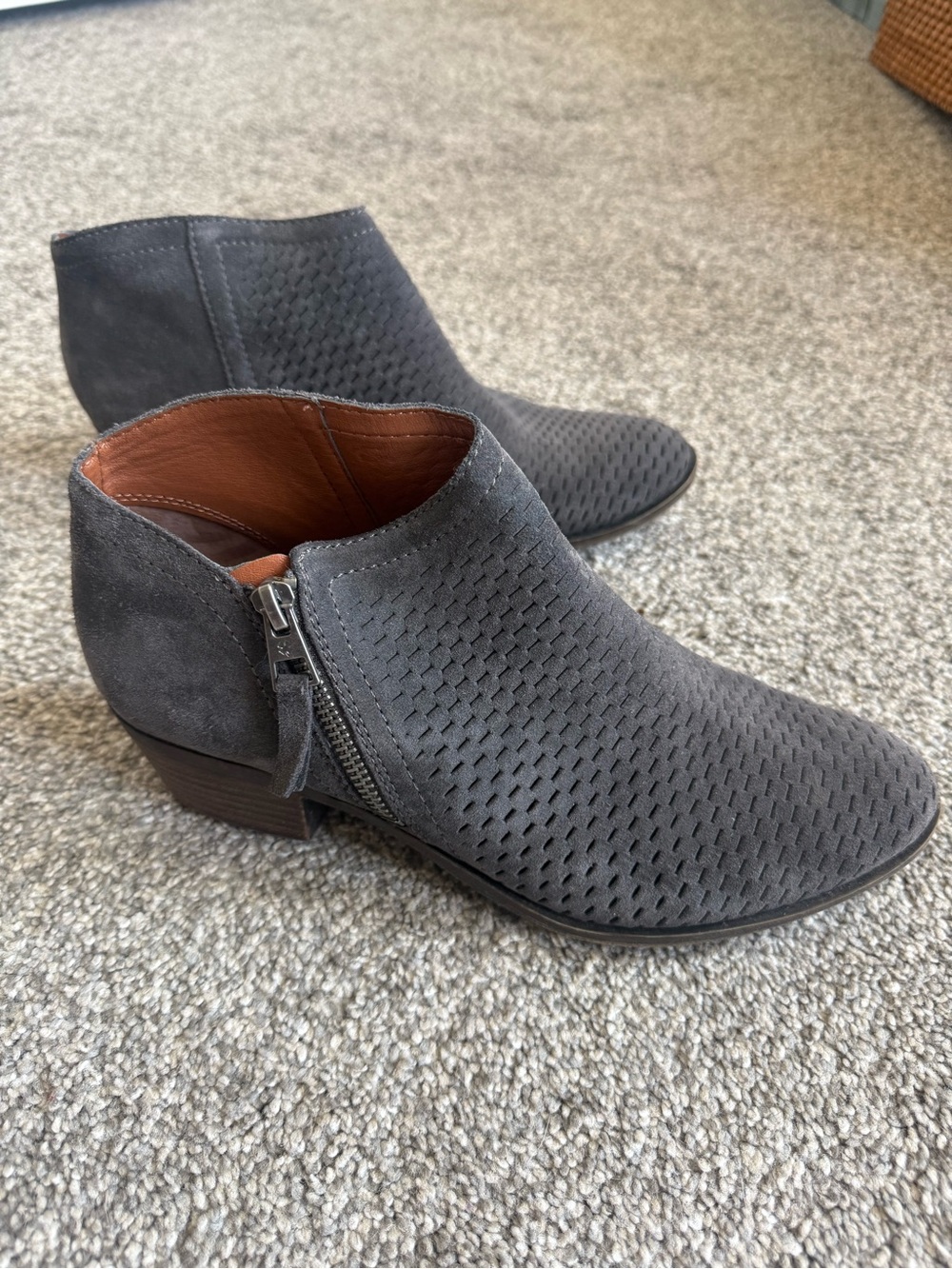 Lucky Brand Gray Perforated Suede Ankle Booties with Side Zip